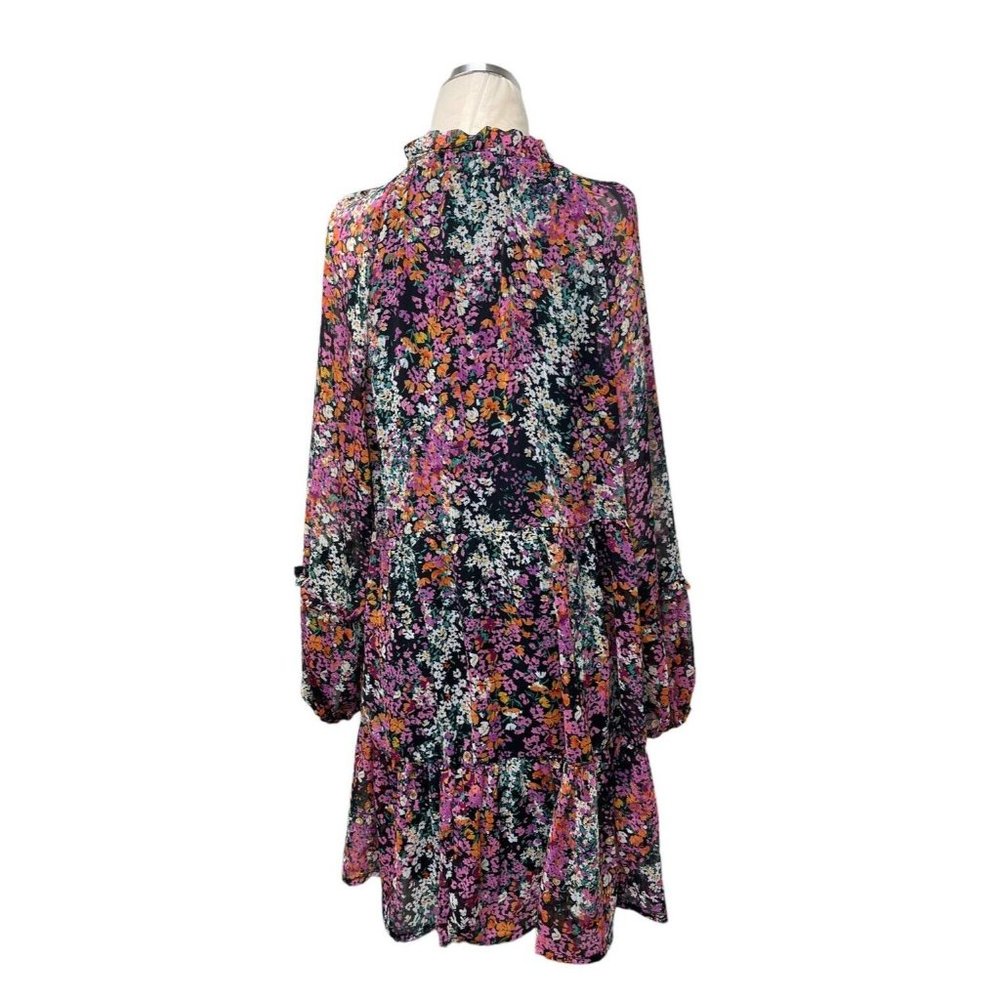 Vince Camuto Boho Black Pink Floral Lined Babydoll Chiffon Dress Size Medium - Picture 2 of 8